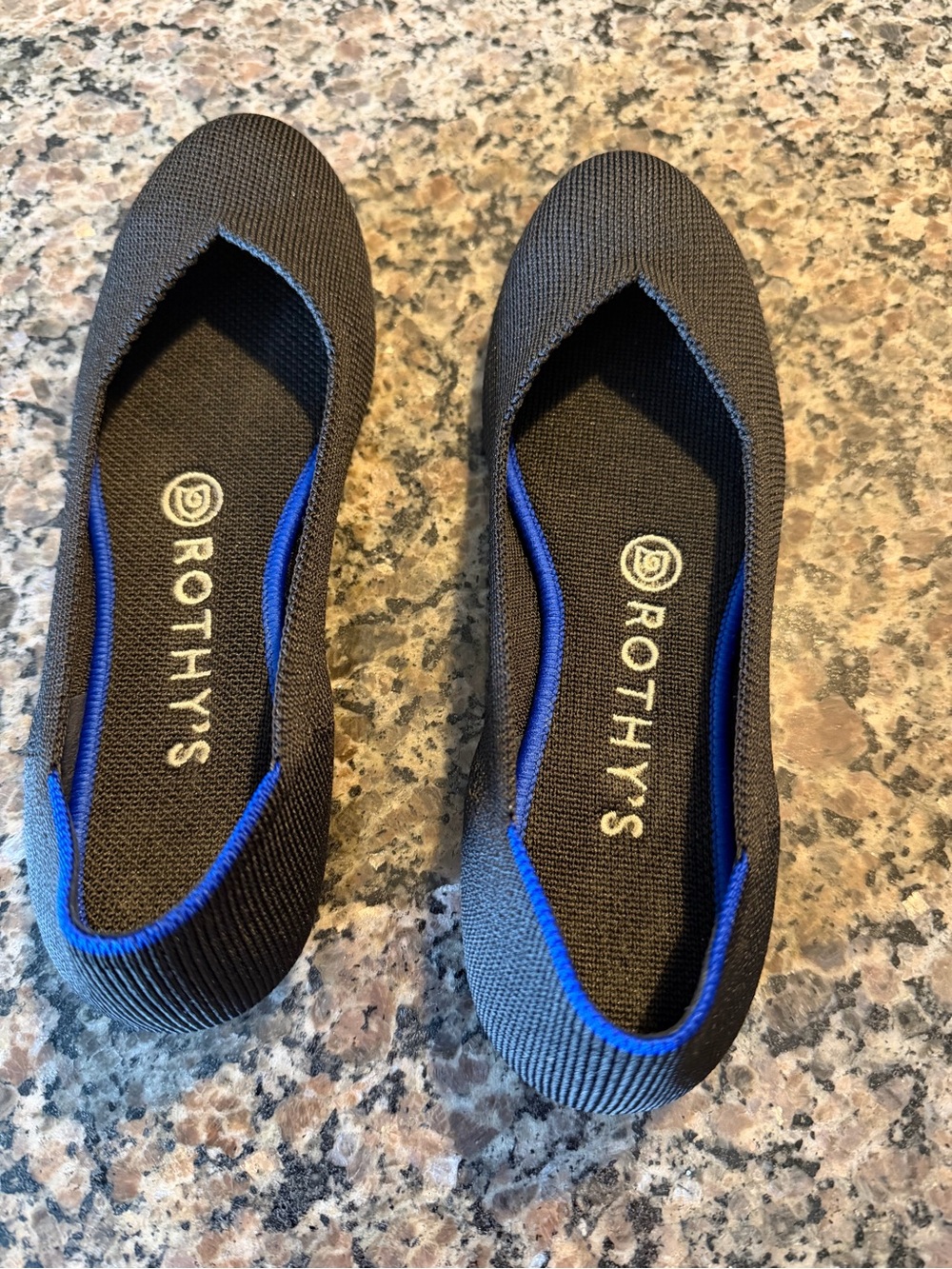 Rothy's Women's Black Knit Ballet Flats with Blue Trim, Size 6